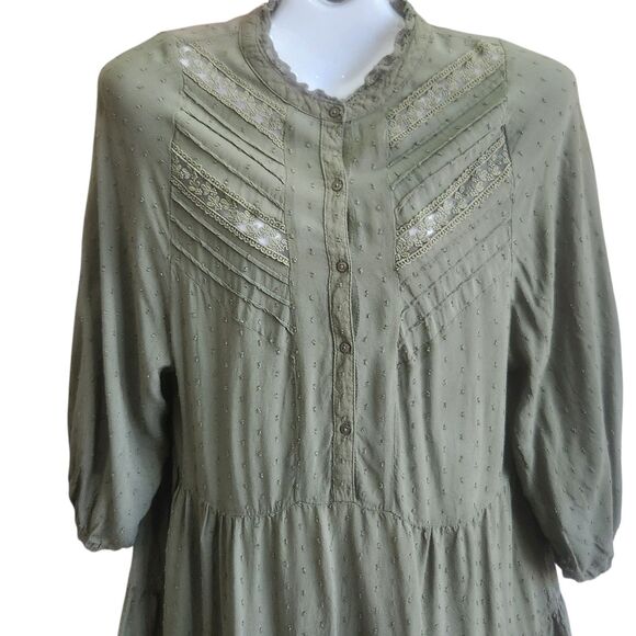 Semi-Sheer-Dotted Swiss Cottagcore Dress-Moss Grn-Tiered-Lace/Pin Tuck Details M - Picture 3 of 14